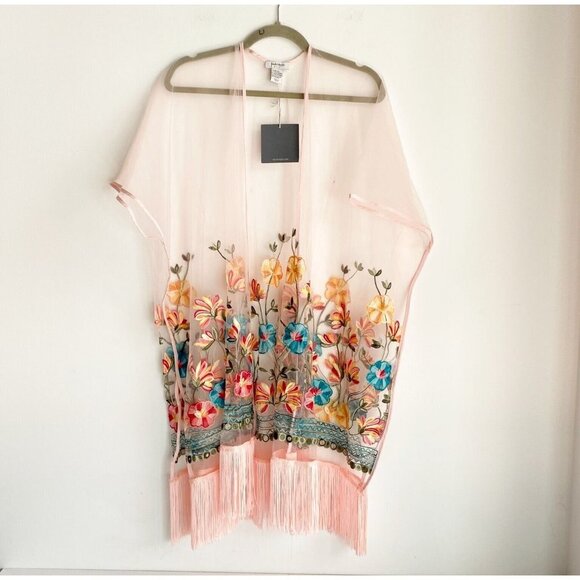 NWT Haute Hippie Pink Mesh Floral Embroidered Fringe Boho Festival Poncho OS